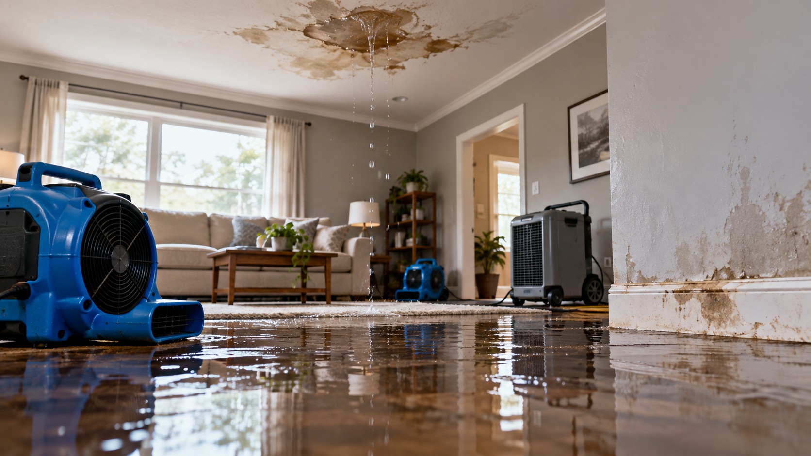 Professional water damage drying equipment in a flooded room